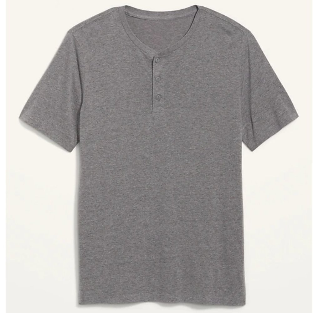 (2) Short-Sleeve Med Grey T-Shirts: Rib-knit Crewneck. (3) Button.  XXL. New